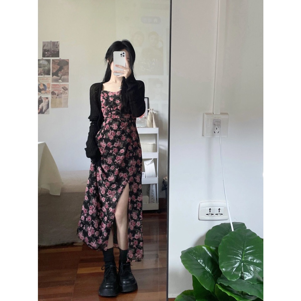 Set Đầm Hoa Hồng Và Áo Khoác Cardigan Mỏng Tay Dài Chống Nắng Phong Cách Retro Mùa Hè Cho Nữ