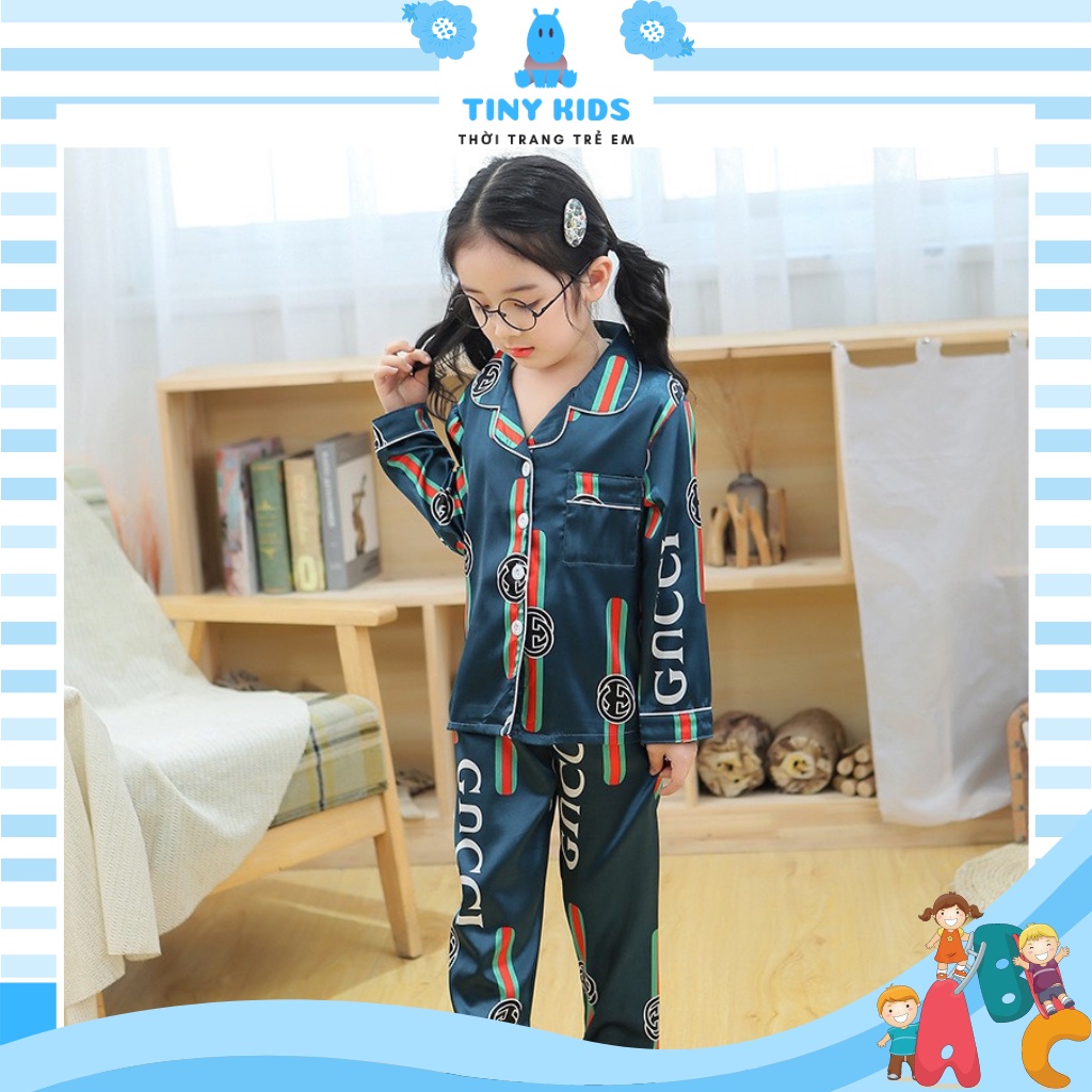 Bộ pijama lụa dài tay xuất xịn, Đồ ngủ trẻ em cao cấp cho bé trai gái từ 6-28kg TINY KIDS