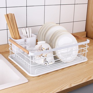 Kệ Úp Chén Bát, Tay Cầm Gỗ (Có Khay Hứng Nước)