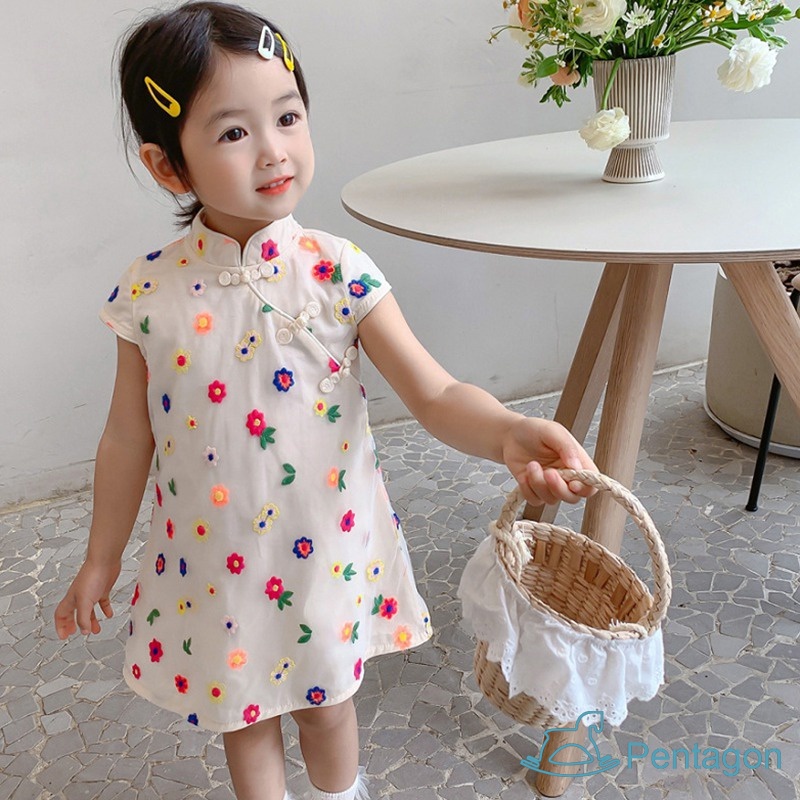 Đầm Công Chúa Sườn Xám Phối Lưới Nhiều Màu Dễ Thương Phong Cách Trung Hoa Cho Bé Gái