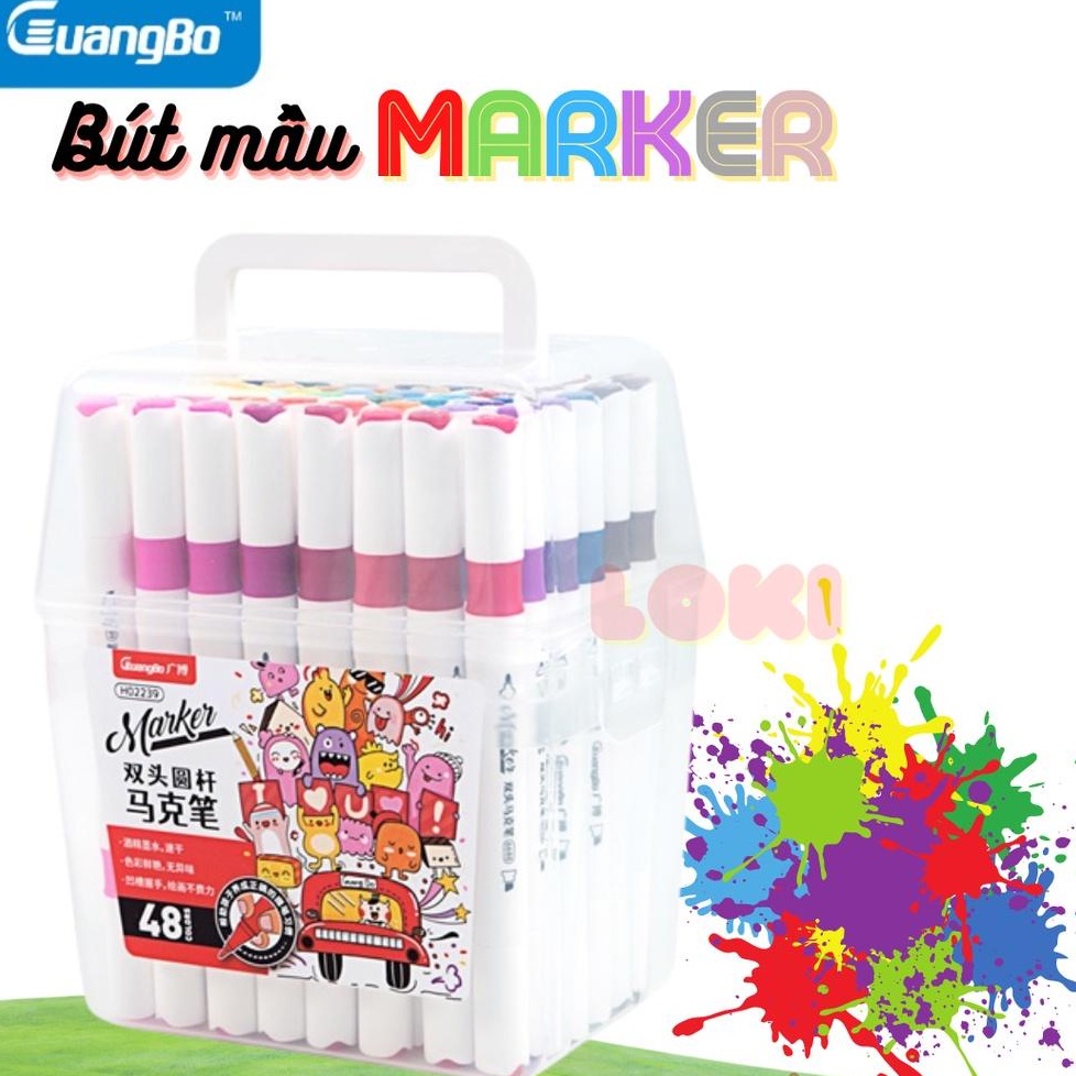 Bút dạ màu marker 2 đầu Guangbo 12/24/36/48 màu, bút dạ mầu cao cấp hộp nhựa H02236-39  - LOKI KIDS