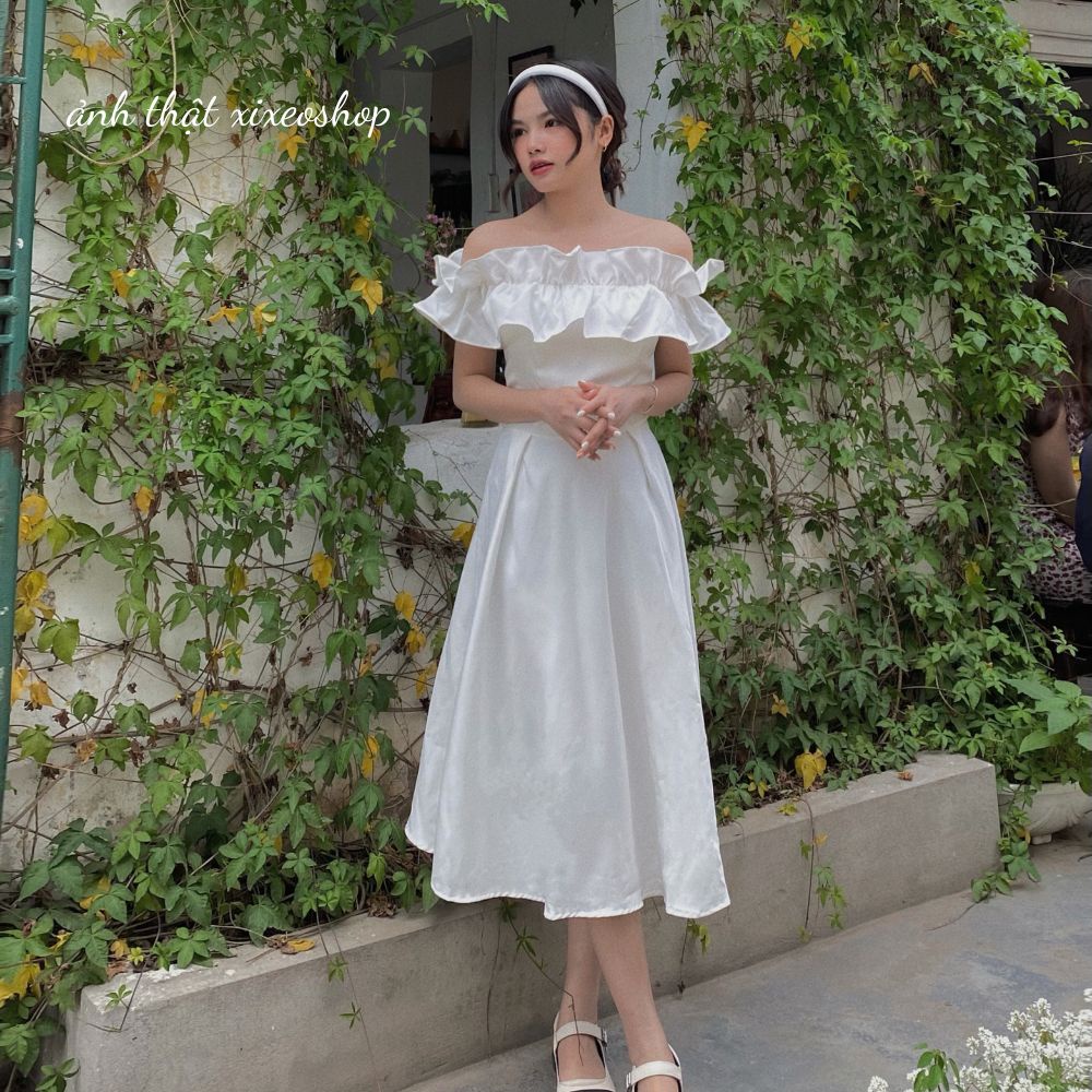 Đầm trắng trễ vai công chúa, váy princess dự tiệc xixeoshop - v78