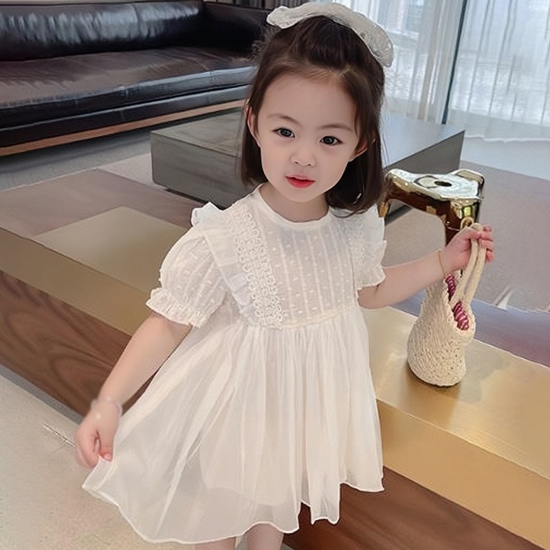 Đầm Xòe Tay Ngắn Phồng Cổ Tròn Màu Sắc Trơn Dành Cho Bé Gái