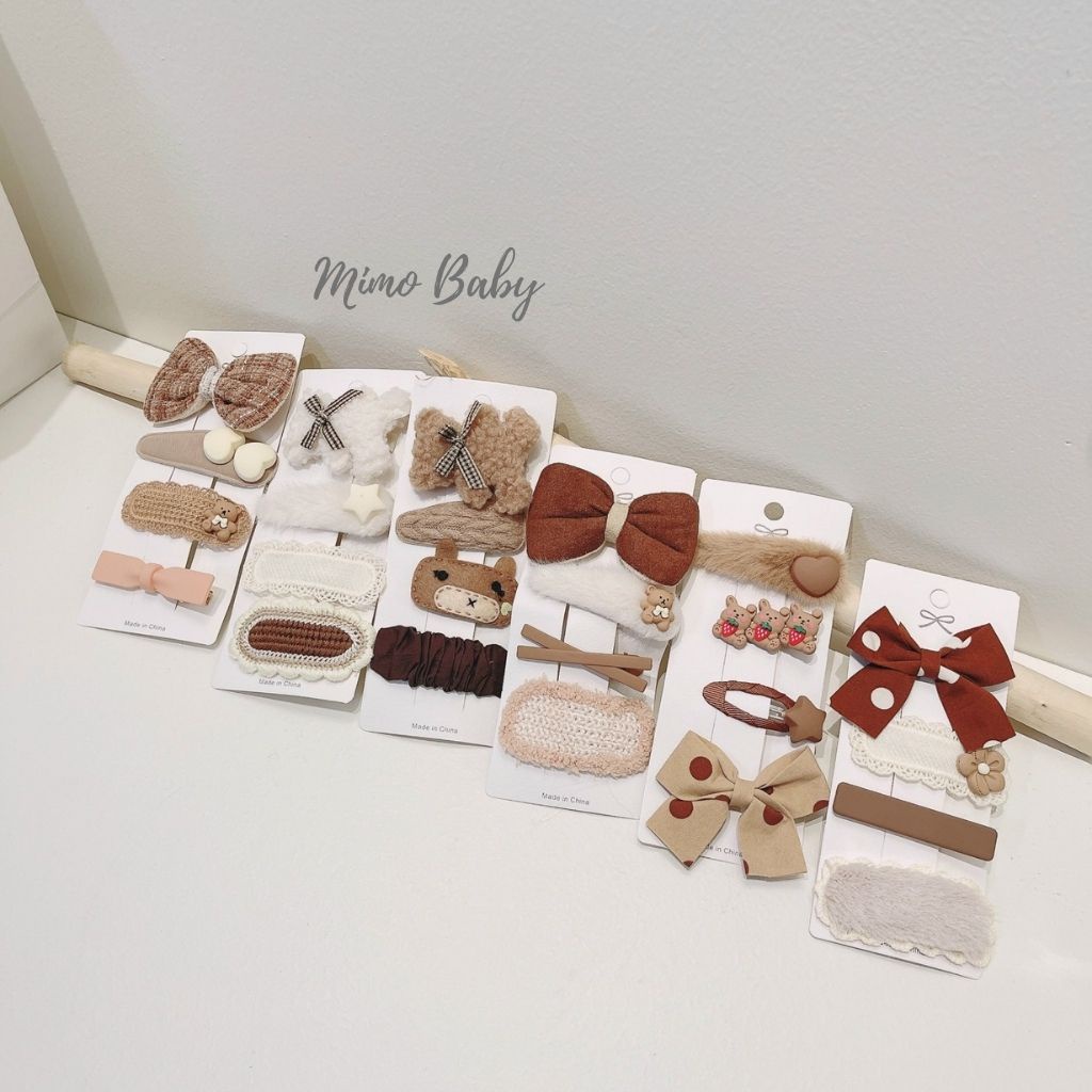 Set kẹp tóc tone nâu họa tiết dễ thương cho bé gái KT32 Mimo Baby