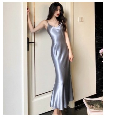 ❃WZ-Women Satin Sleeveless V-Neck Fishtail Design Long Suspender Dress