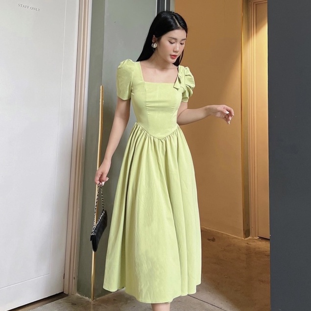 Đầm Đi Tiệc NHẬT VY Cổ Vuông Tay Phồng Đính Nơ Vai Dáng Xoè Chất Linen Gân Màu Cam, Xanh Bơ - D2382