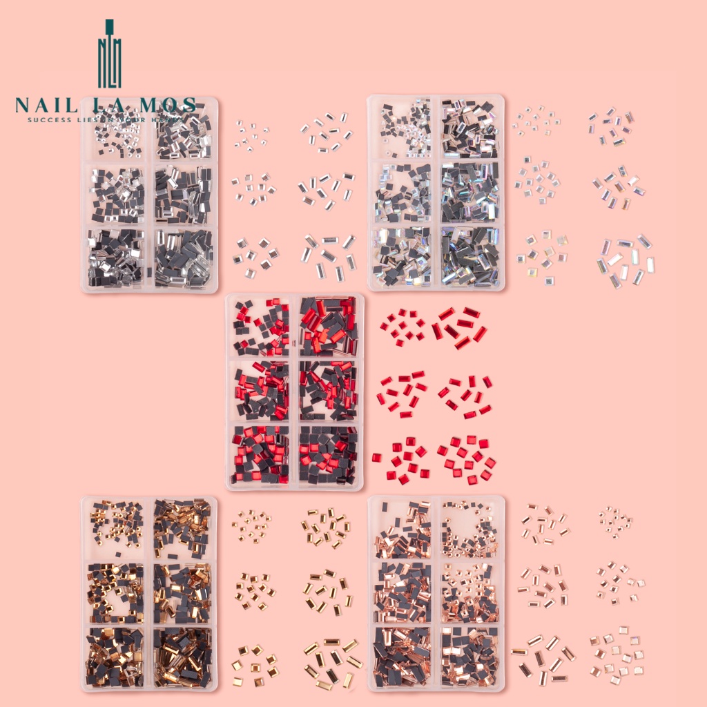 Khay đá khối chân keo đính móng - Đá nail chân bằng mix size chữ nhật, vuông 6 ngăn nhiều màu sang chảnh