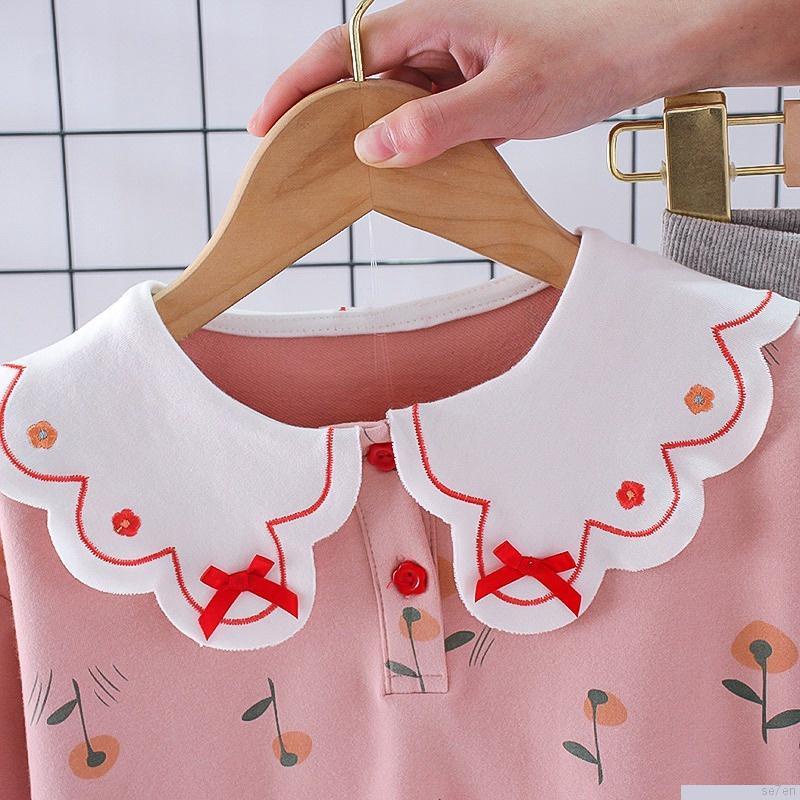 Set áo thun tay dài cổ tròn in họa tiết hoạt hình phối quần dài thời trang mùa thu cho bé gái Se7en