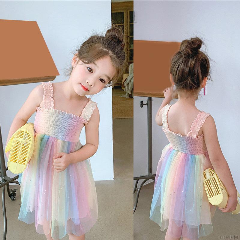 Đầm Dây Họa Tiết Cầu Vồng Đáng Yêu Dành Cho Bé 3-9 Tuổi