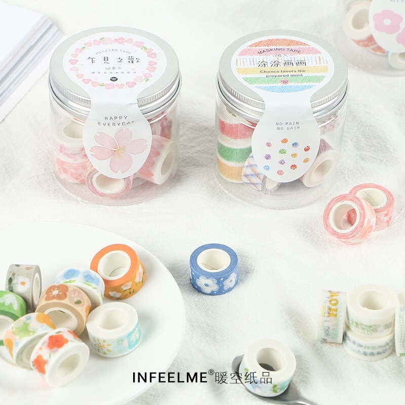 Hộp 10 cuốn băng dính trang trí washi tape tươi tắn đáng yêu