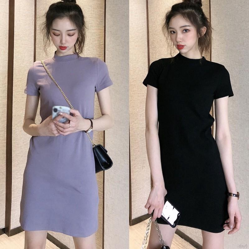 Đầm Tay Ngắn Cổ Tròn Màu Trơn Thiết Kế Đơn Giản Phong Cách Hàn Quốc