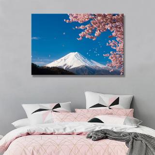 Tranh treo tường khung gỗ họa tiết núi Phú Sĩ và hoa anh đào độc đáo
