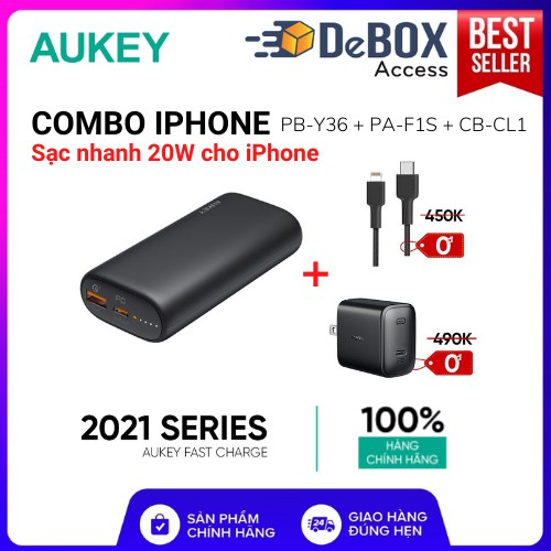 Combo AUKEY Pin Sạc Dự Phòng 10.000 mAh PB-Y36, Cốc Sạc Nhanh PA-F1S, Cáp C to Lightning CB-CL1 - BH 24T Chính Hãng