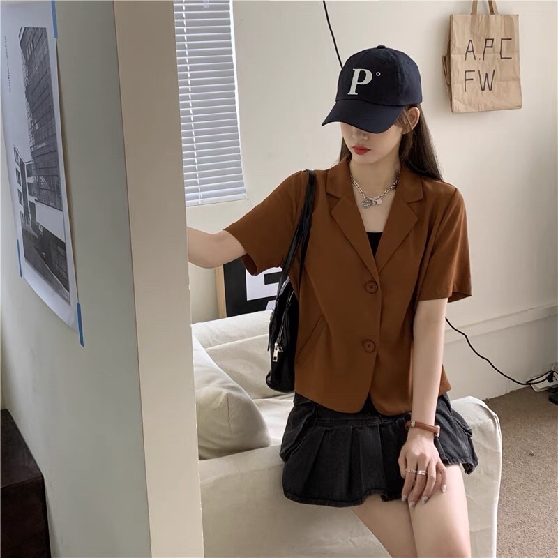 Áo blazer ngắn tay áo croptop áo vest dáng ngắn (có ảnh thật)