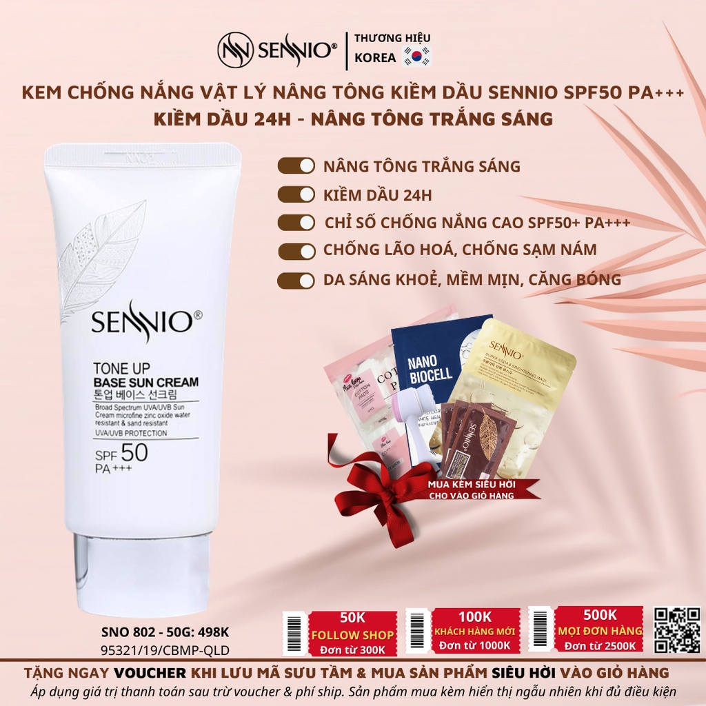 Kem chống nắng vật lý kiềm dầu 24h SPF50 PA+++ nâng tông ngừa thâm mụn, nám sạm 50g Sennio Tone Up Base Sun Cream