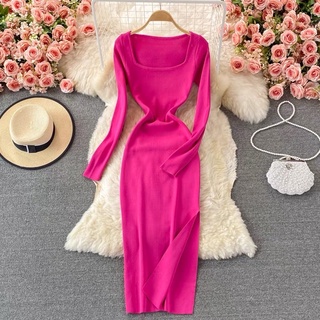 Đầm cổ vuông tay dài, đầm body tay dài cổ vuông thun gân