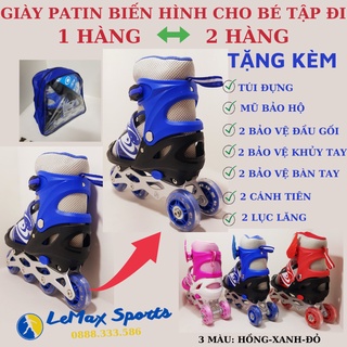 Giày patin biến hình, Giày trượt patin chuyển 1 hàng thành 2 hàng cho trẻ em tập trượt patin. Tặng bảo hộ và túi