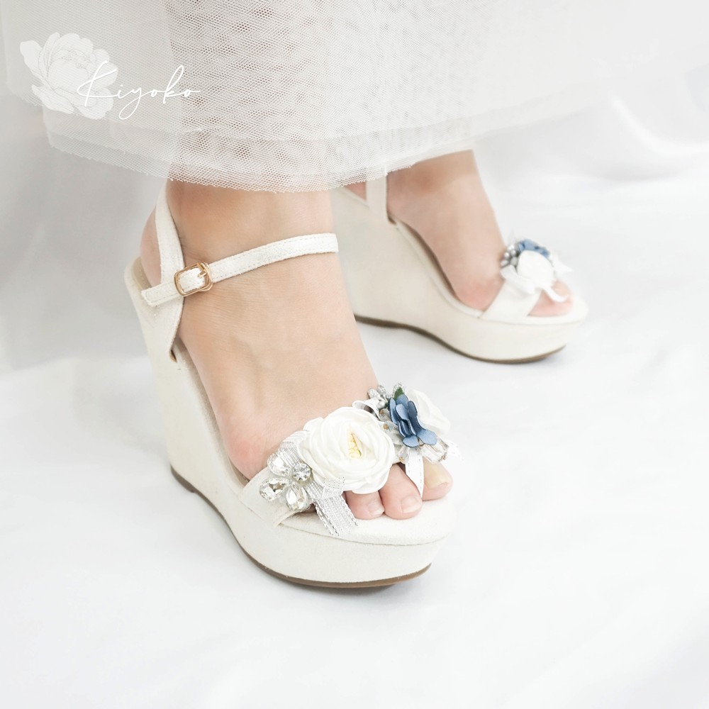 Giày cưới đế xuồng cô dâu màu trắng đính hoa lấp lánh 12cm