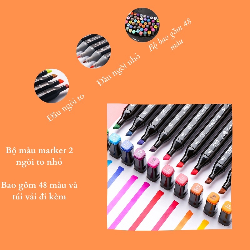 Màu marker 48 bút  2 ngòi to nhỏ linh hoạt đựng trong túi vải dễ dàng tiện lợi, bộ bút dạ đánh dấu, 2 ngòi linh hoạt