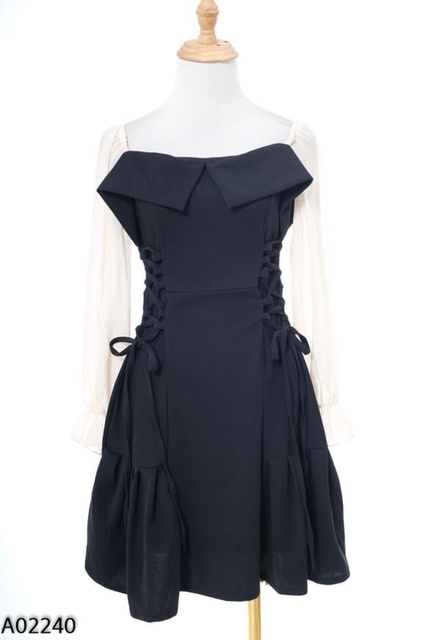 đầm xòe đan dây tay vol dài ống loe cổ chữ U | BigBuy360 - bigbuy360.vn