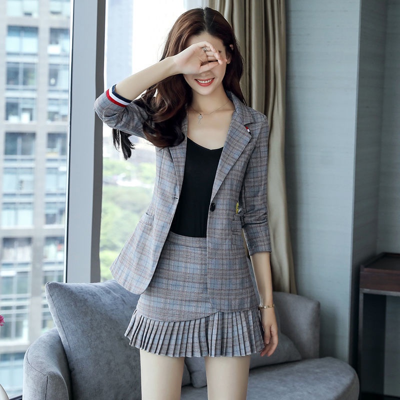 Bộ áo + chân váy xếp ly sọc ca rô thời trang xuân thu 2021 cho nữ