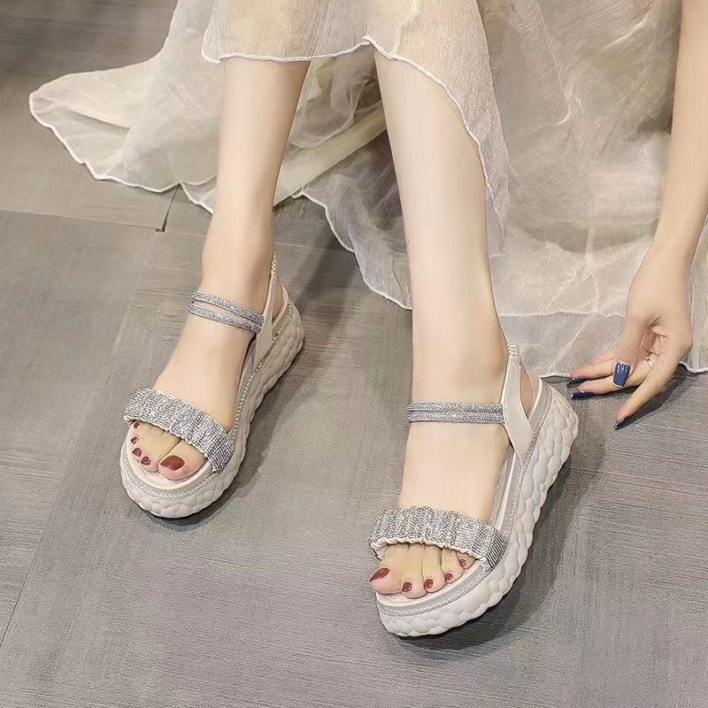 Sandal Chiều cao gót 5 cm Chiến Binh Dây Co Giãn Đính Đá Cổ Tích La Mã Cho Nữ