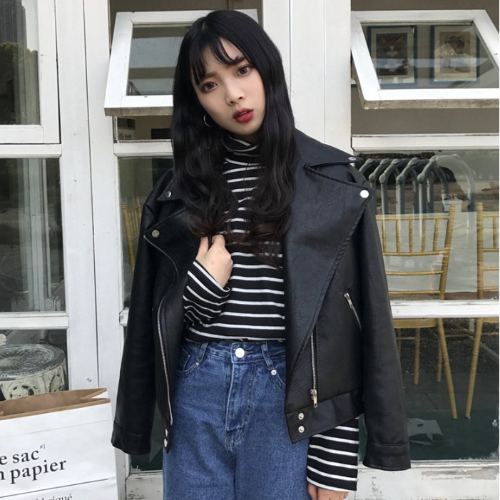 Áo Khoác Da Đen Jacket Bomber Cổ Bẻ Cá Tính Năng Động Phong Cách Unisex Siêu Chất
