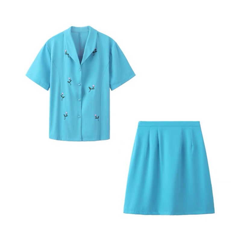 Set xanh vest ngắn tay chân váy hoa thêu chất mát - set áo vest chân váy hàn quốc | BigBuy360 - bigbuy360.vn