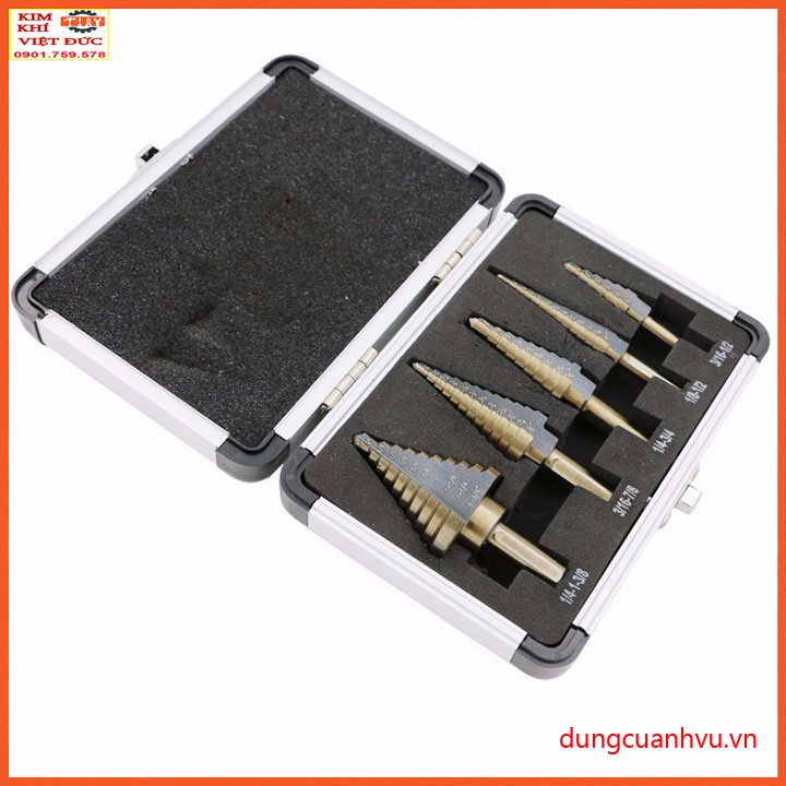 Mũi khoan bước công nghê hệ inch thép HSS cô ban hộp nhôm Bộ 5
