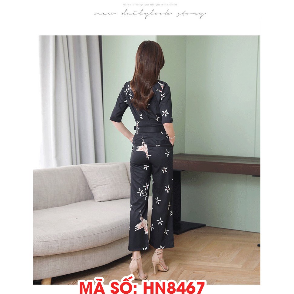 ⚡️ có đủ size ⚡️#HN8467 JUMPSUIT ĐỒ BAY ỐNG SUÔNG CỔ ĐẮP CHÉO CỘT EO HỌA TIẾT CHIM HẠT SANG TRỌNG - HÀNG NHẬP