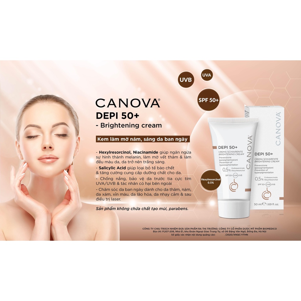 CANOVA Depi 50+ Brightening Cream 50mL - Kem Làm Mờ Nám, Sáng Da Ban Ngày.