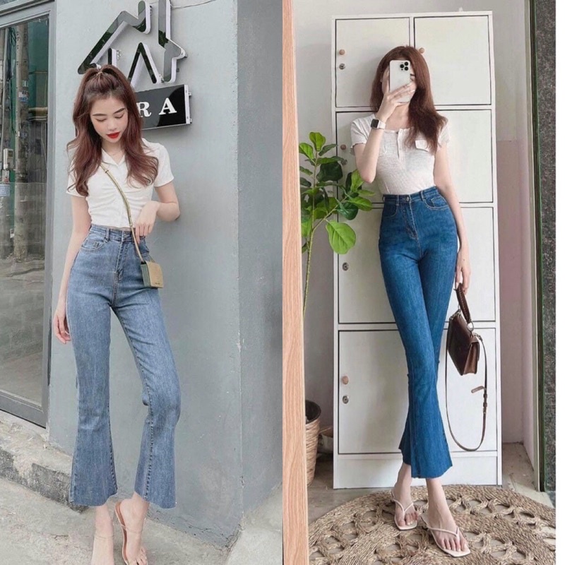 Quần Jeans Ống Loe bigsize Lưng Cao Trên Rốn - Co Giãn Mạnh - dài 95cm - Jeans Cạp Cao