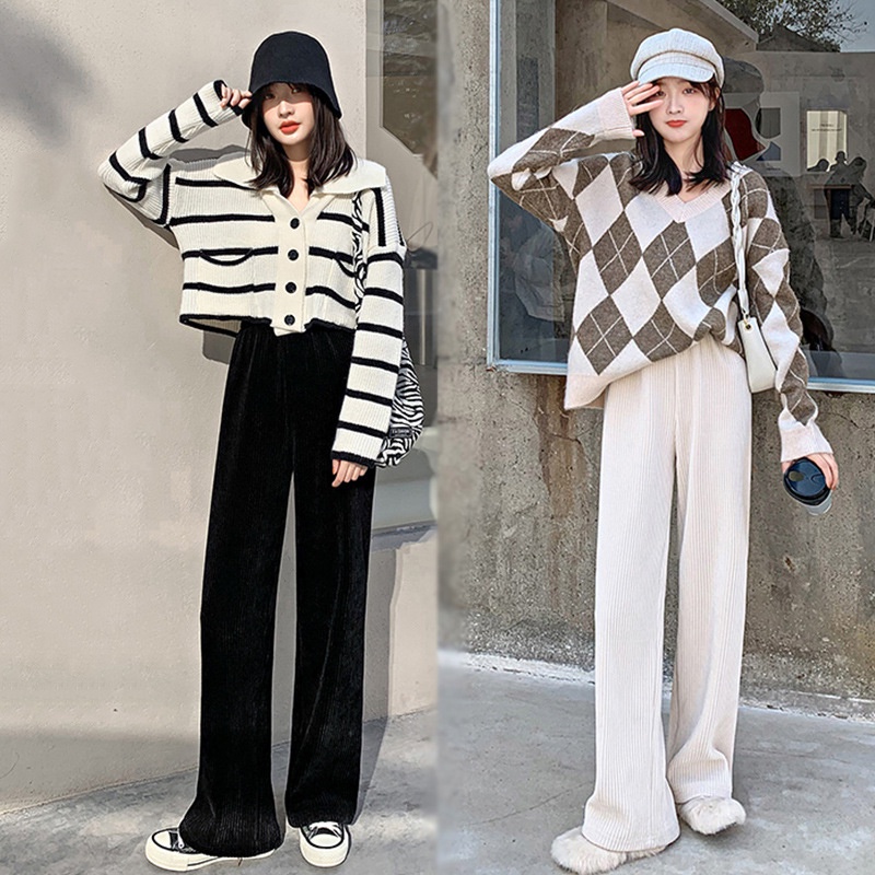 Quần ống rộng nữ chất vải nhung gân tăm, cạp chun dây rút cao cấp