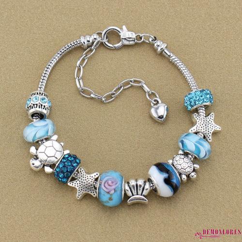 Vòng tay mạ bạc mặt trái tim đính đá pha lê màu xanh dương thời trang