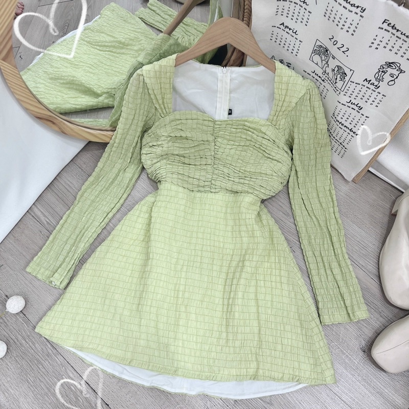 Đầm cổ U tay dài nhíu ngực chất xốp nhăn - HÌNH CHỤP THẬT