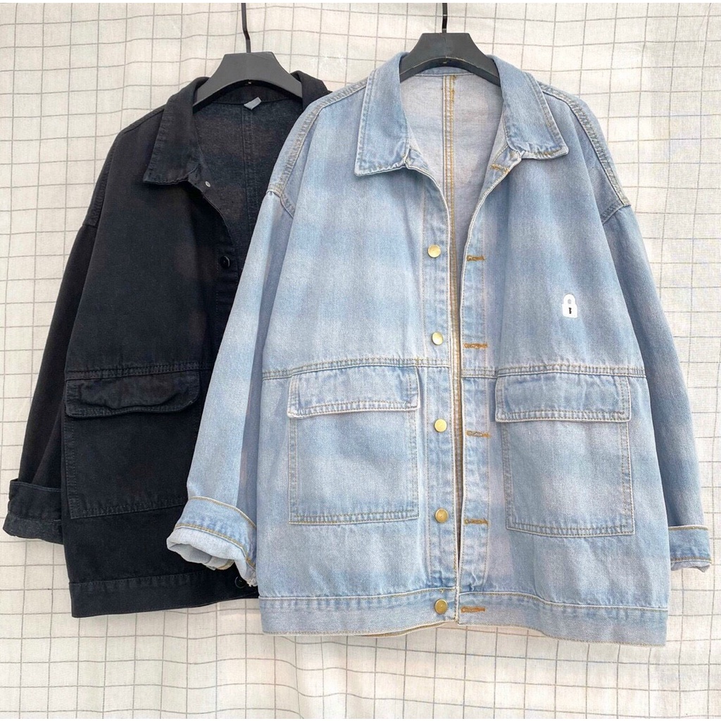 ÁO KHOÁC BÒ JACKET JEANS BLOCK  DÀI TAY MÀU XANH VÀ ĐEN A006 (ảnh thật shop chụp )