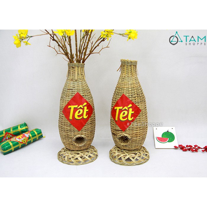 [ĐÃ KĨ - DÀY ĐẸP] Lọ hoa Tết bằng tre handmade Lợp bắt cá C36cm MTL-LHOA-60