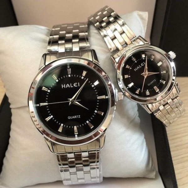 đồng hồ nam Halei giá rẻ dây trắng bạc siêu bóng mặt đen