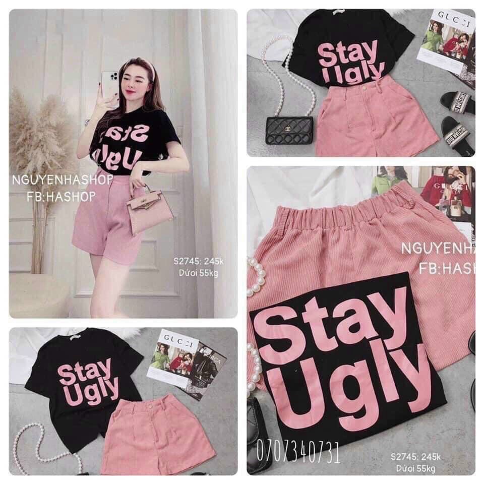( MIỄN PHÍ SHIP 2022) Set bộ nữ stay ugly màu hồng dễ thương, set bộ mặc đi chơi,ở nhà chất thun, quần nhung tăm dày dặn