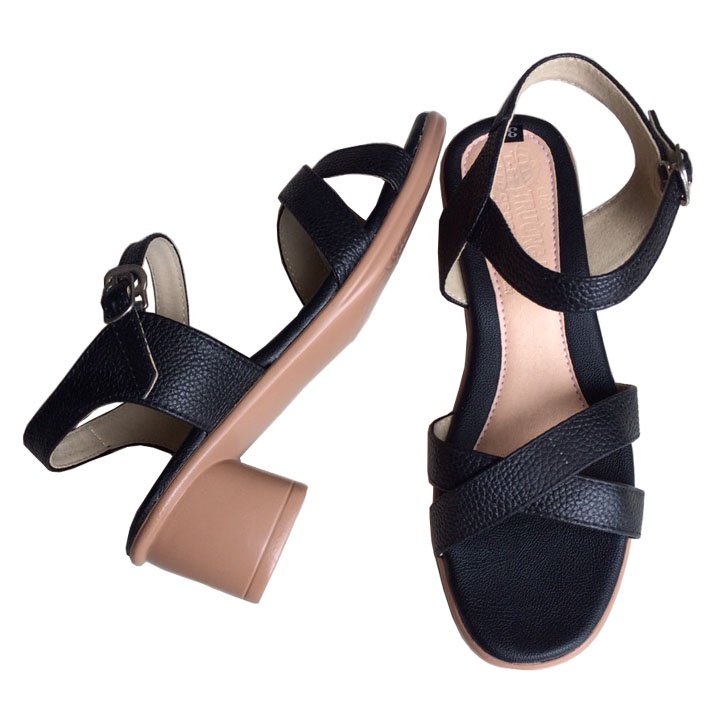Sandal nữ da bò gót vuông 5cm Trường Hải màu vàng đế PU cao 5cm siêu nhẹ
