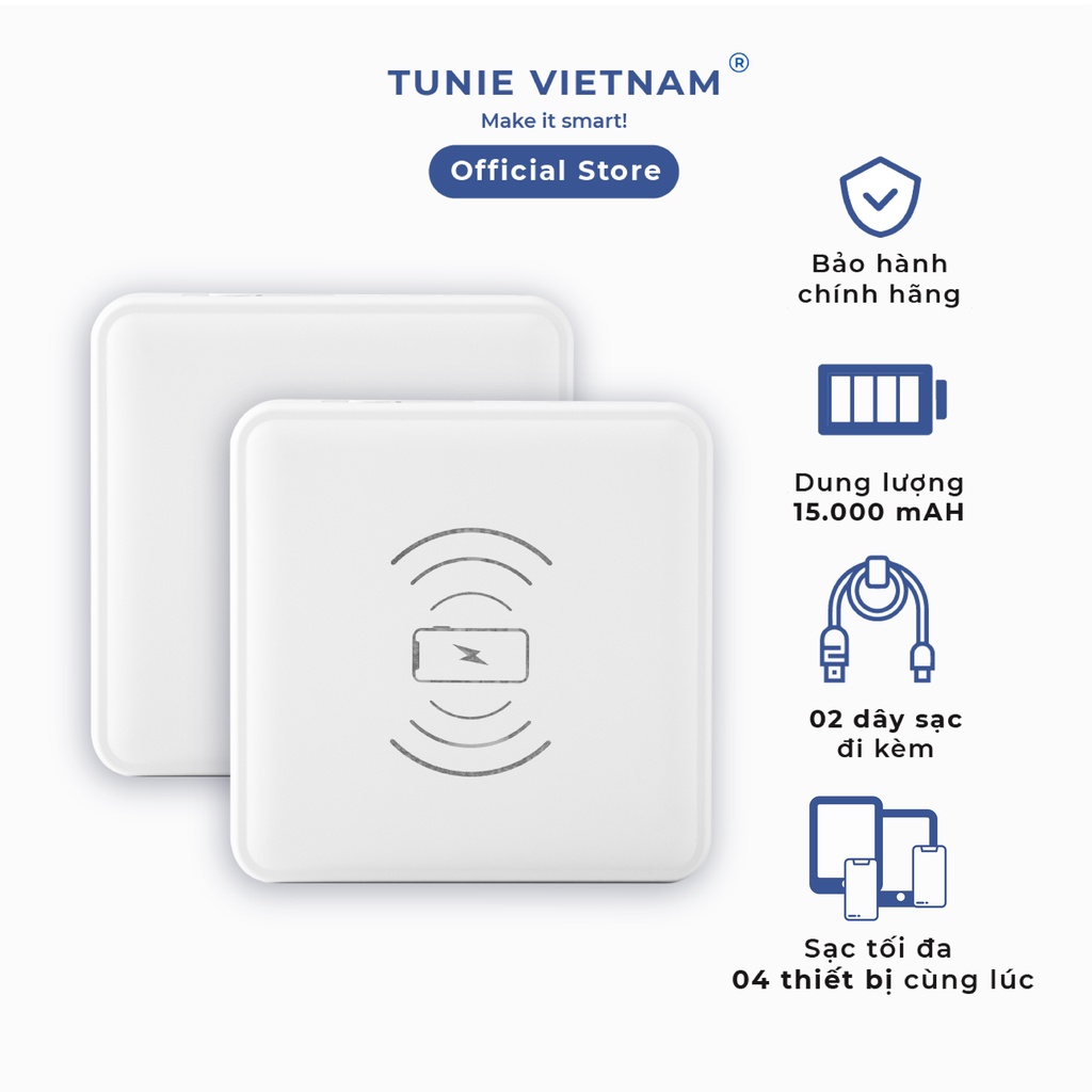 Sạc dự phòng Tunie 4in1 15000mAh hỗ trợ sạc nhanh, kèm cáp sạc, sạc không dây, màn LED hiển thị