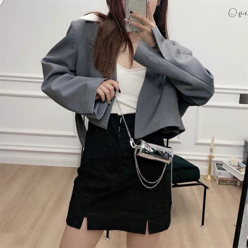 Túi đeo chéo mini thiết kế tròn màu bạc/ vàng/ đen dây xích phong cách đặc biệt thời trang