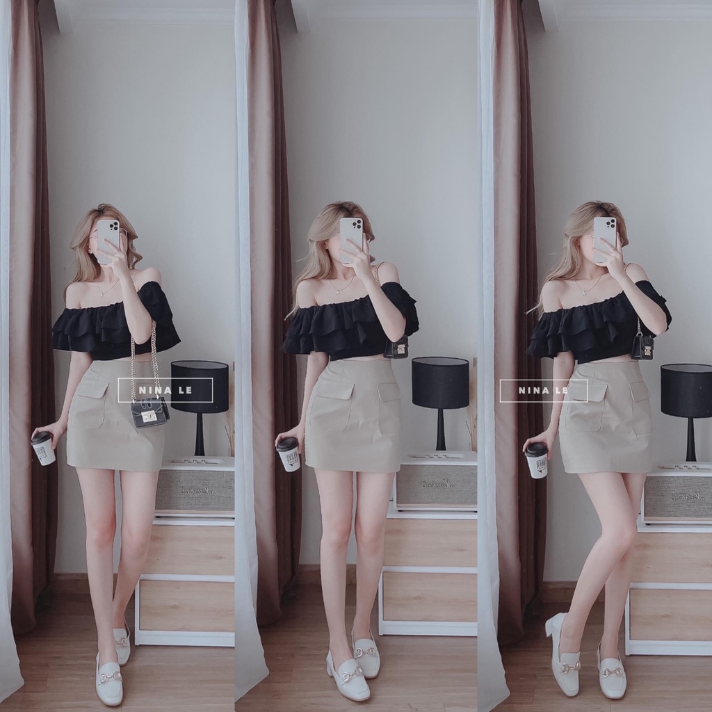 SET ÁO BẸT VAI ĐEN BÈO + CHÂN VÁY TÚI NẮP KEM