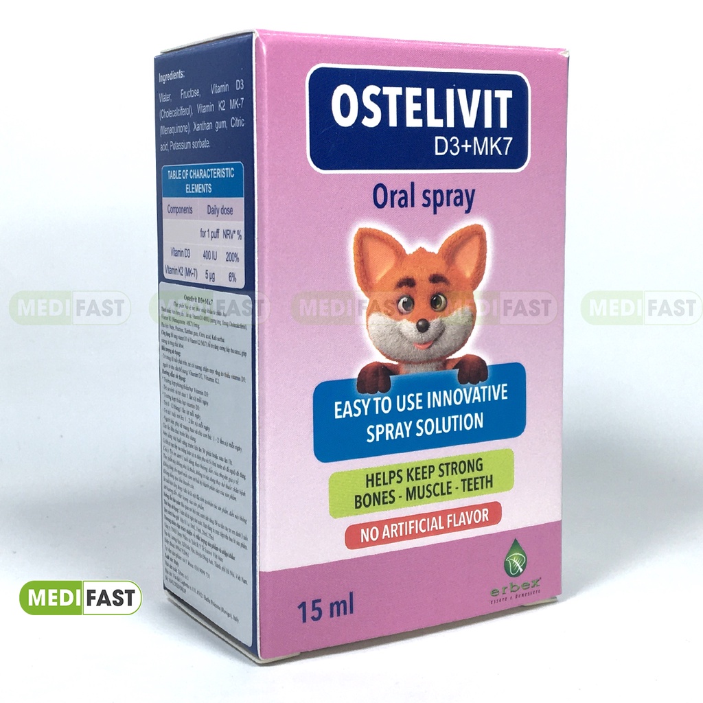 Bổ sung vitamin D3, K2 - Ostelivit D3+MK7 - giúp bé tăng cường hấp thu canxi, xương răng chắc khỏe - Lọ 15 ml từ Ý