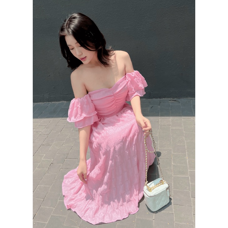 ĐẦM MAXI XỐP NHÚN TRỄ VAI CÓ LÓT CÓ MÚT DÁNG SUÔNG CỰC TÔN DÁNG UP