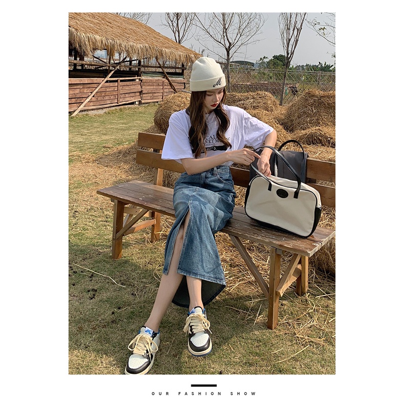 Chân váy jean dáng chữ A dài lưng cao thiết kế xẻ tà phong cách Mỹ retro thời trang mới dành cho nữ