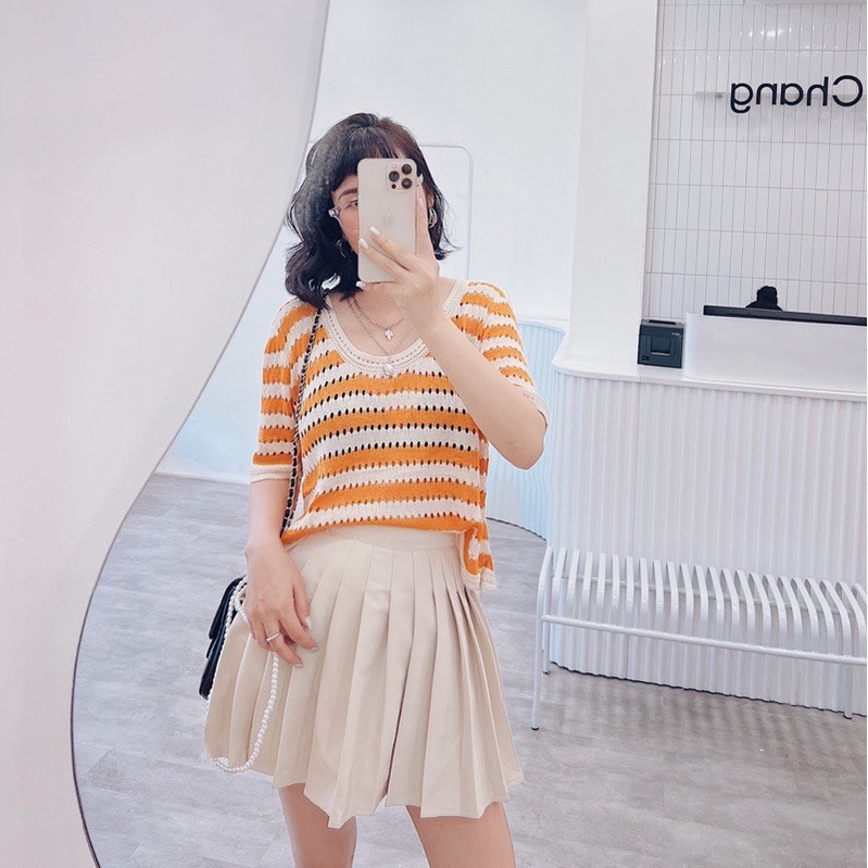 Len Mongtoghi Kẻ Sọc Tay Ngắn Cổ Tròn Phong Cách Hàn Quốc Áo Len Quảng Châu Loại 1 ALSTN