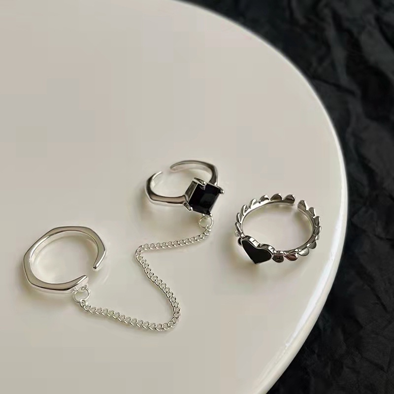Set 3 Nhẫn Đính Đá Màu Đen Hình Trái Tim, Trái Tim