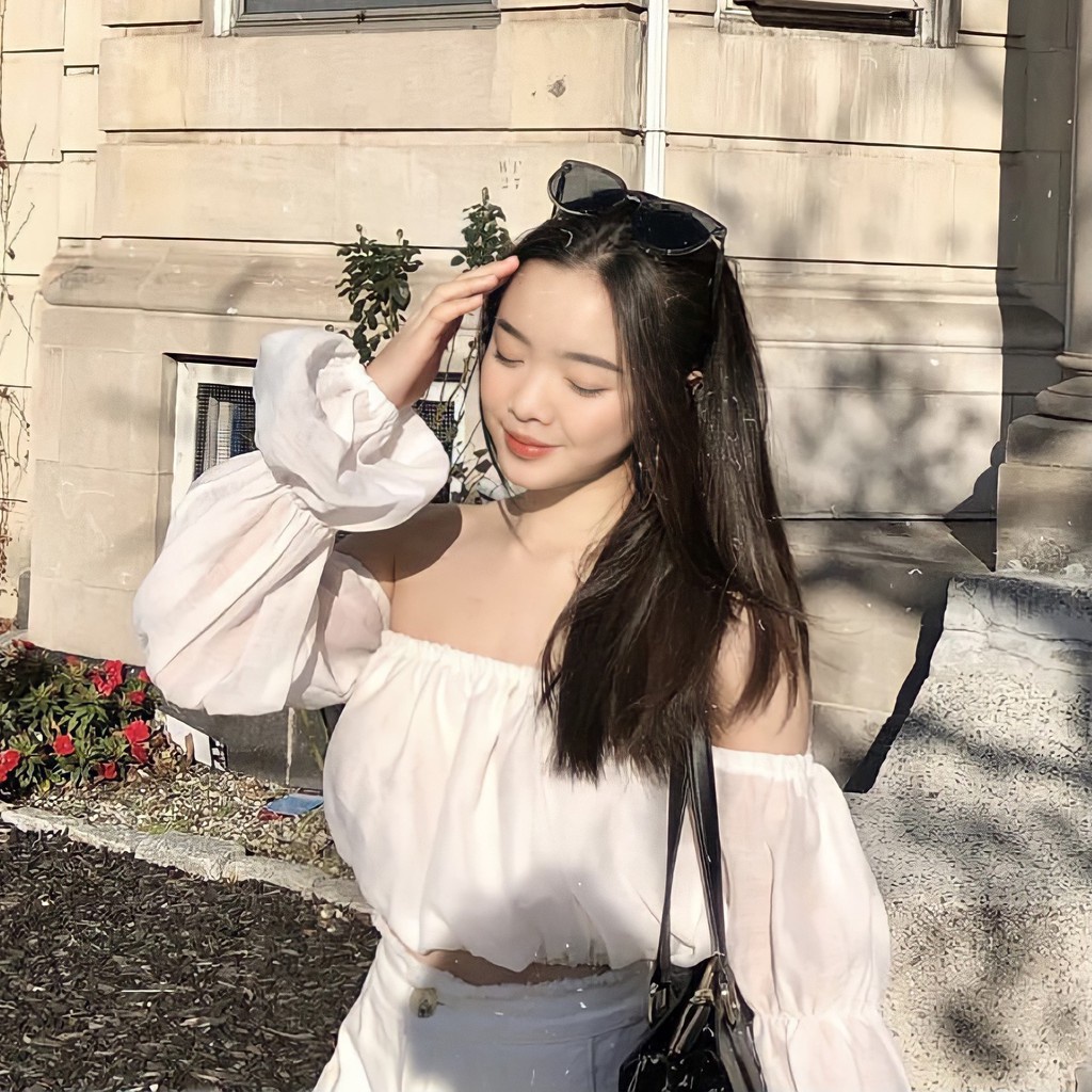 Áo trễ vay tay bèo chun co giãn Midi Shop, áo trễ vai tay bồng tiểu thư