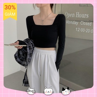 Áo Thun croptop nữ tay dài ôm body cổ vuông siêu tôn dáng